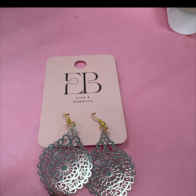 Silver metal lace drop earrings gold hooks 