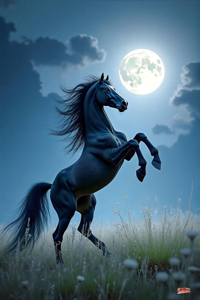 Tableau Étalon Noir Cabré sous la Lune – Art Équestre &amp; Décoration Nocturne Élégante | Jeu d'Ombres/Lumières Puissant