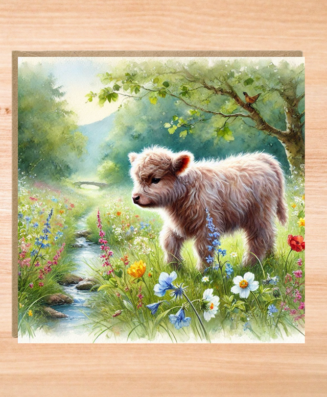 Blank Greeting Card - Highland Cow Meadow