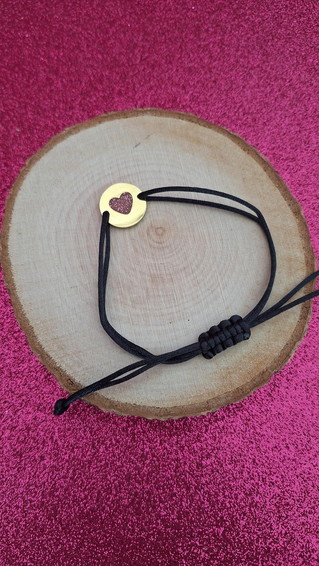 Bracelet cordon noir cœur paillettes framboise 