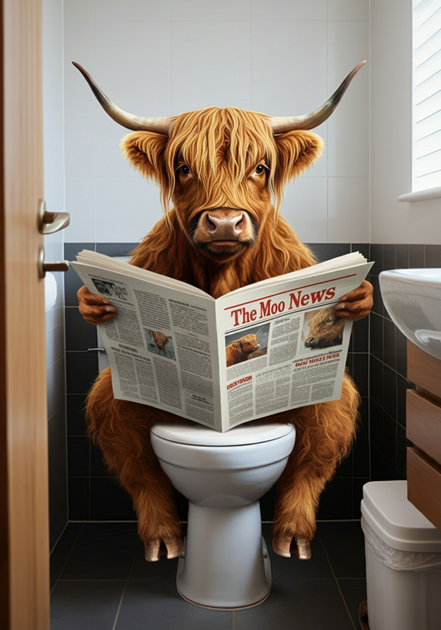 Highland Cow on the Toilet Framed Canvas