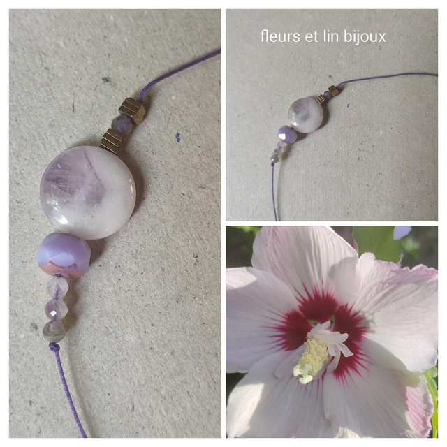 Bracelet améthyste et hématite doré , perle en verre violine et dorée réglable sur fil de jade