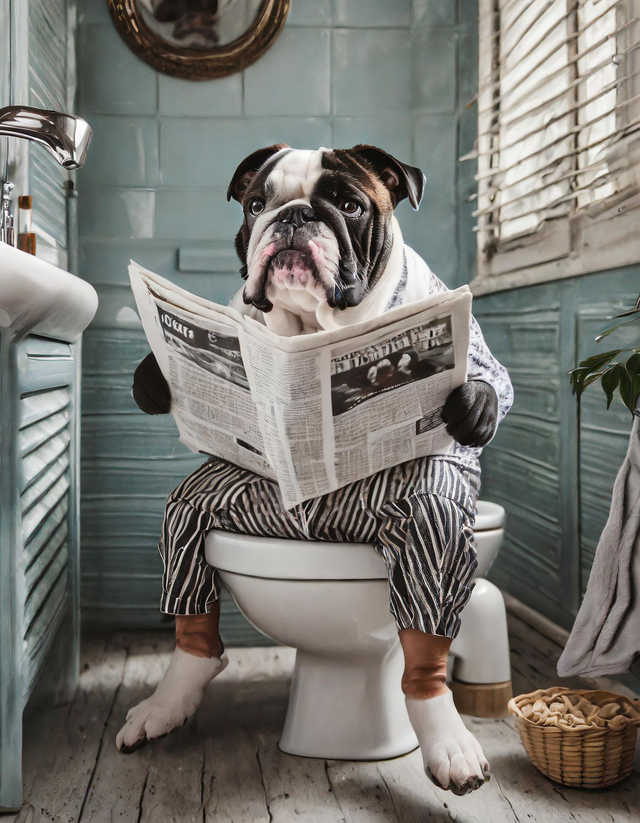 British Bulldog on the Toilet Framed Canvas