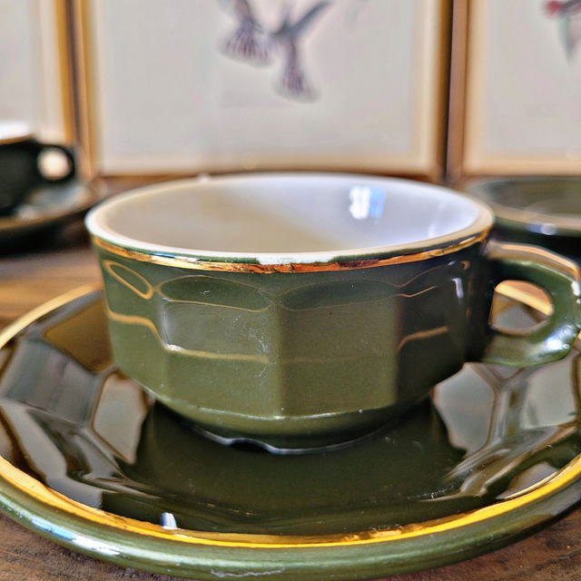 X Tasses expresso bistrot Apilco Pillivuyt, vert impérial liseré doré