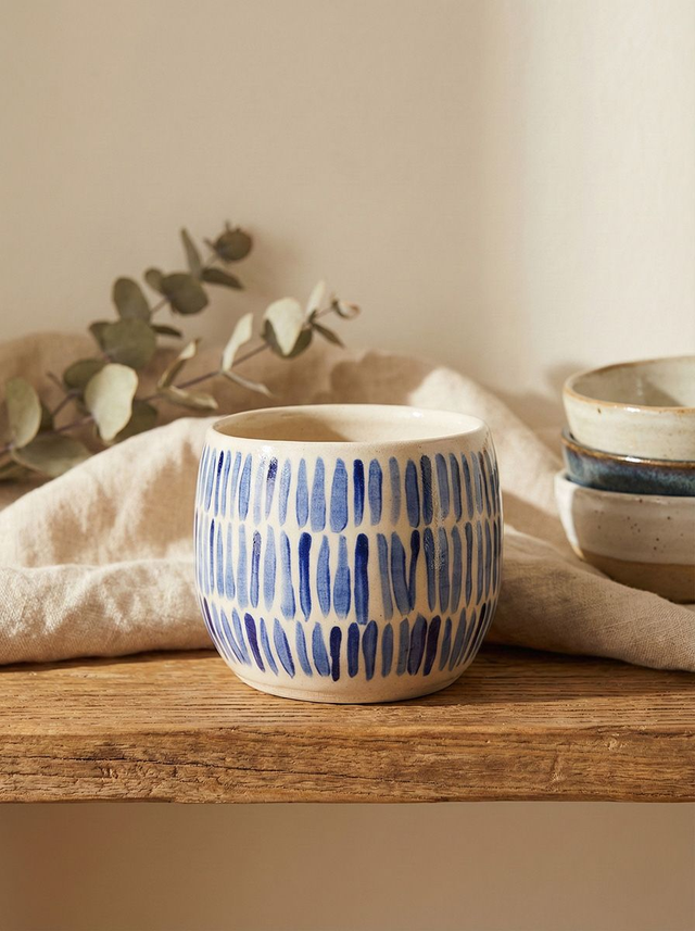 Stoneware Mug with Cobalt Blue Brush Lines
