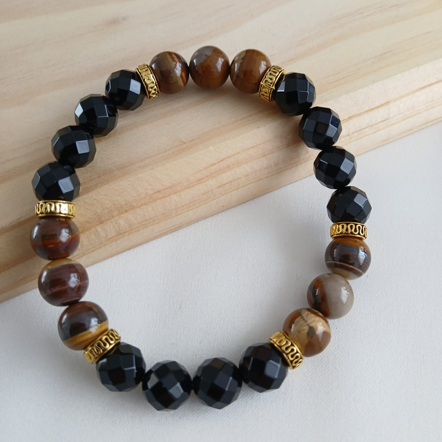 Herenarmband met Onyx facet en Tijgerijzer – Bescherming & Doorzettingsvermogen (2.041)
