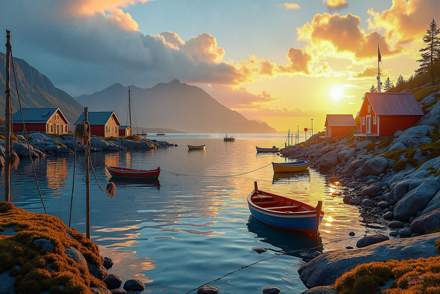 Tableau Village Nordique – Soleil de Minuit | Photo Encadrée Qualité Musée, Décoration Murale Apaisante