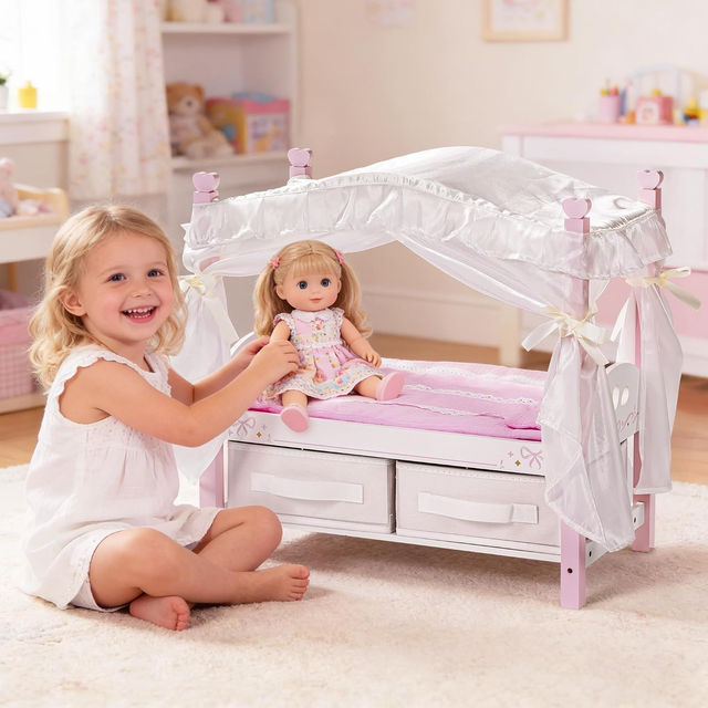 ROBUD Puppen-Himmelbett aus Holz – für Puppen bis 45 cm