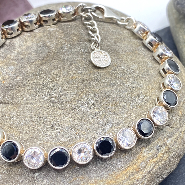 REFURBISHED Vintage Tennis Bracelet Dark Blue Sapphire and Clear CZs in Sterling Silver