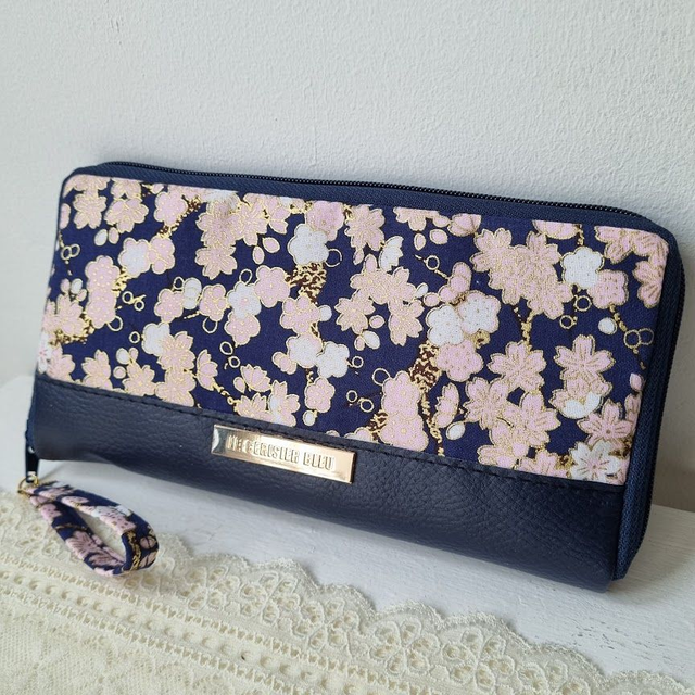 Portefeuille long zippé &quot;Hinata&quot; bleu &amp; simili cuir bleu marine