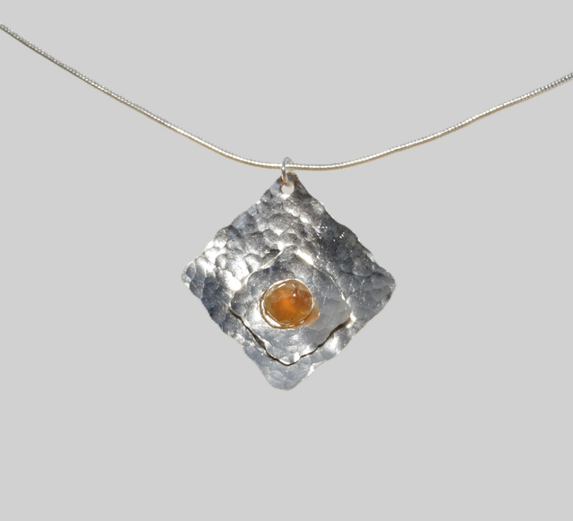 Hammered Squares Pendant with Carnelian Stone Chip
