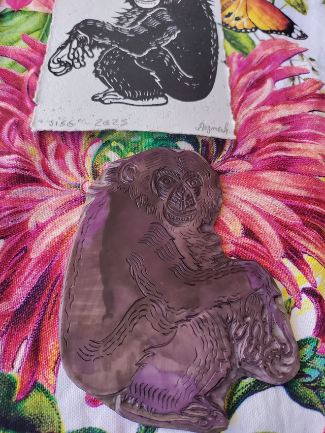 linogravure " JIgg", le chimpanzé 10X15 cm -papier café