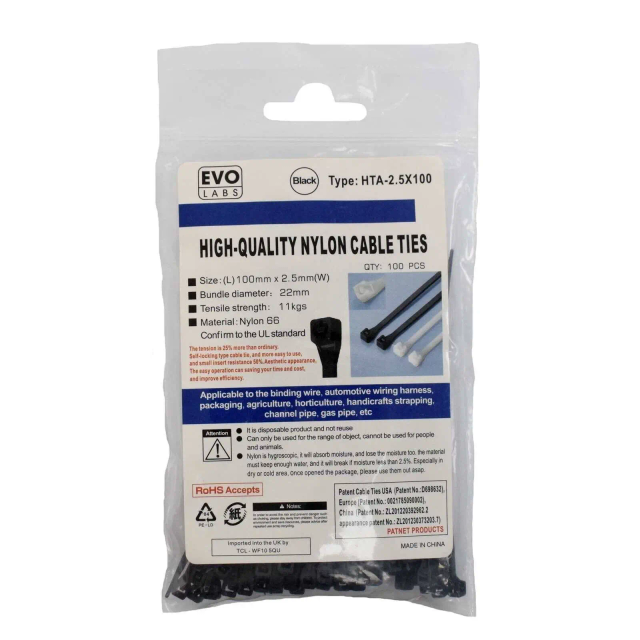 Evo Labs Black Cable Ties 100 x 2.5mm 100 Pack