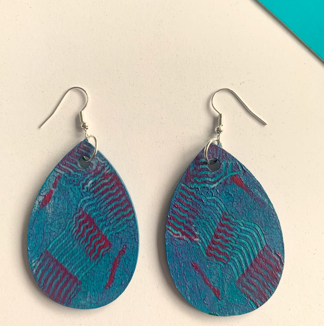 Wooden Hand Painted Large Teardrop Earrings