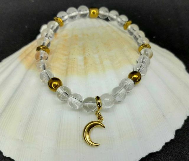 Bracelet cristal de roche 6 mm acier or 