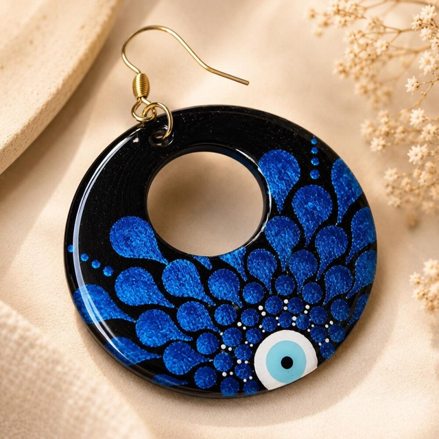 Boucles d’oreilles rondes œil grec en bois – Peintes à la main
