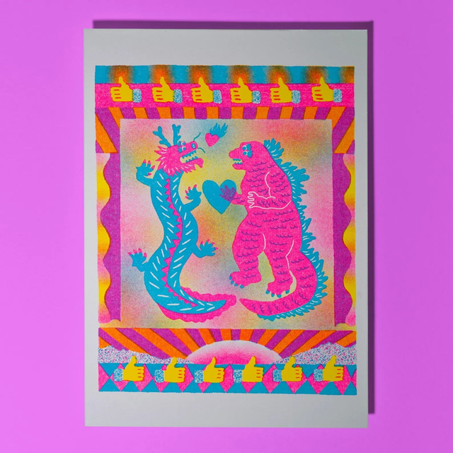 Godzilla Vs Dragon A5 Risograph Wall Art