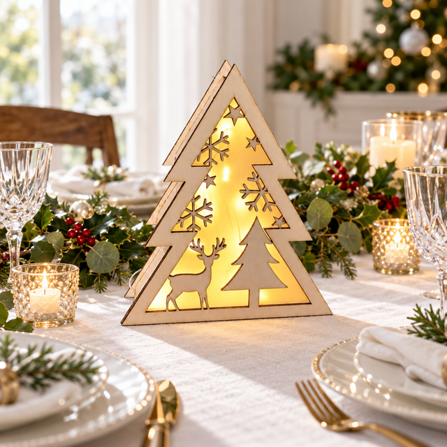 Albero di Natale luminoso in legno a batteria – soggetti a scelta