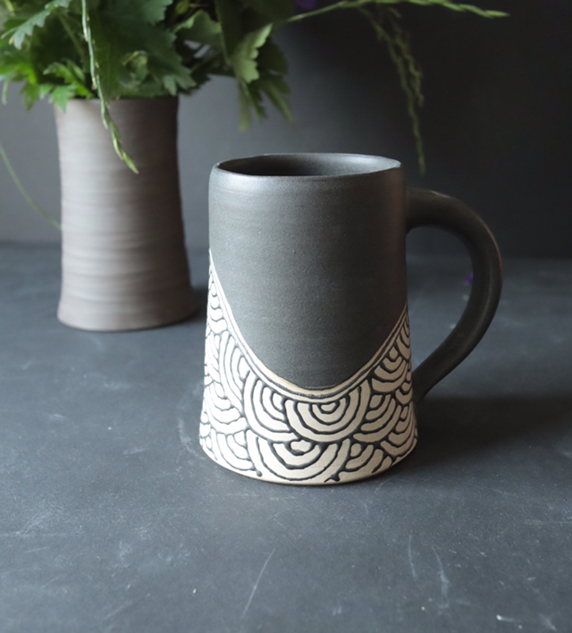 XL half liter Matt Black Large Mug with Henna Patterns, handmade stoneware, Art Piece