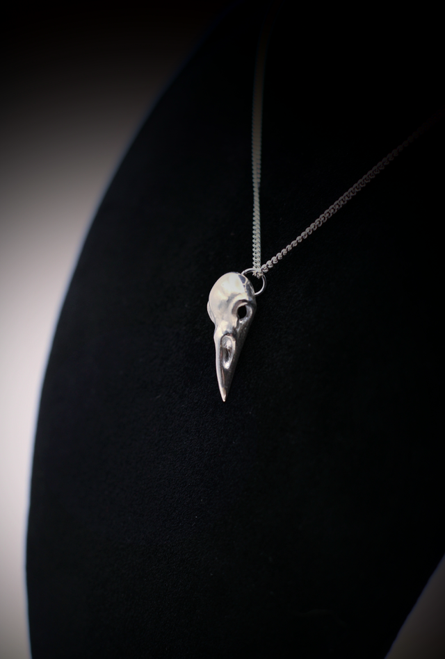 Raven Skull Necklace, Sterling Silver