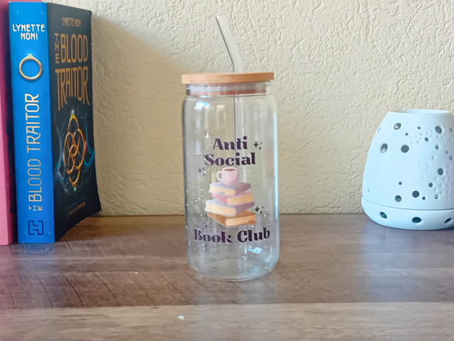 Gobelet en Verre 550ml - Antisocial book club - Paille en Verre et Couvercle en Bambou 