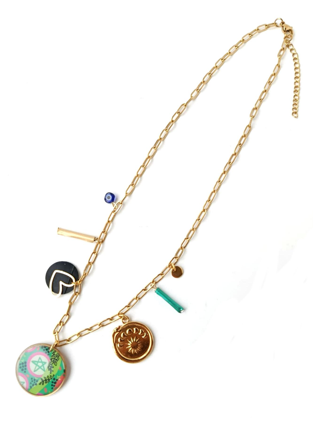 Collier à Breloques Upcyclé Carte de Tarot, Chambre à Air & Aluminium Recyclés - Pentagramme