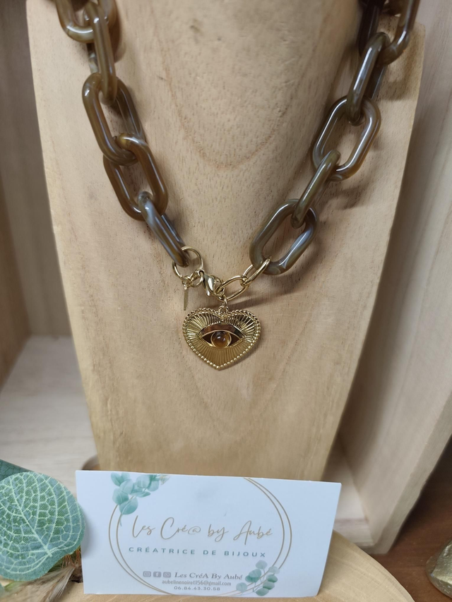 COLLIER BIG MAILLES RESINE MARRON / COEUR ACIER INOXY GOLD 0000504