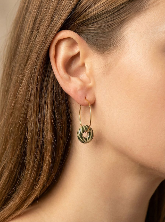 Green Flower Loop Ceramic circular earring
