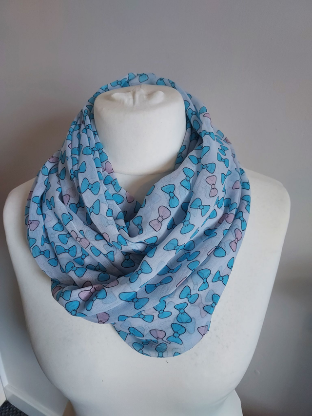 Handmade White infinity scarf, with Blue & Pink Bow Print, loop scarf, wrap, shawl, Mothers Day Gift, Letter Box