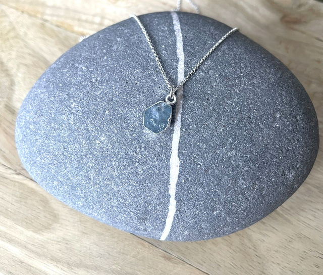 March - Aquamarine birthstone necklace - raw & wrapped with sterling silver