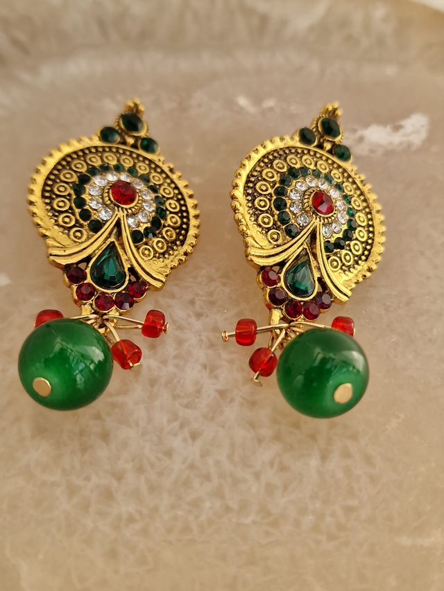 Boucles D'oreilles Vintage Retro Dorées Cristal Jade Vert Rouge