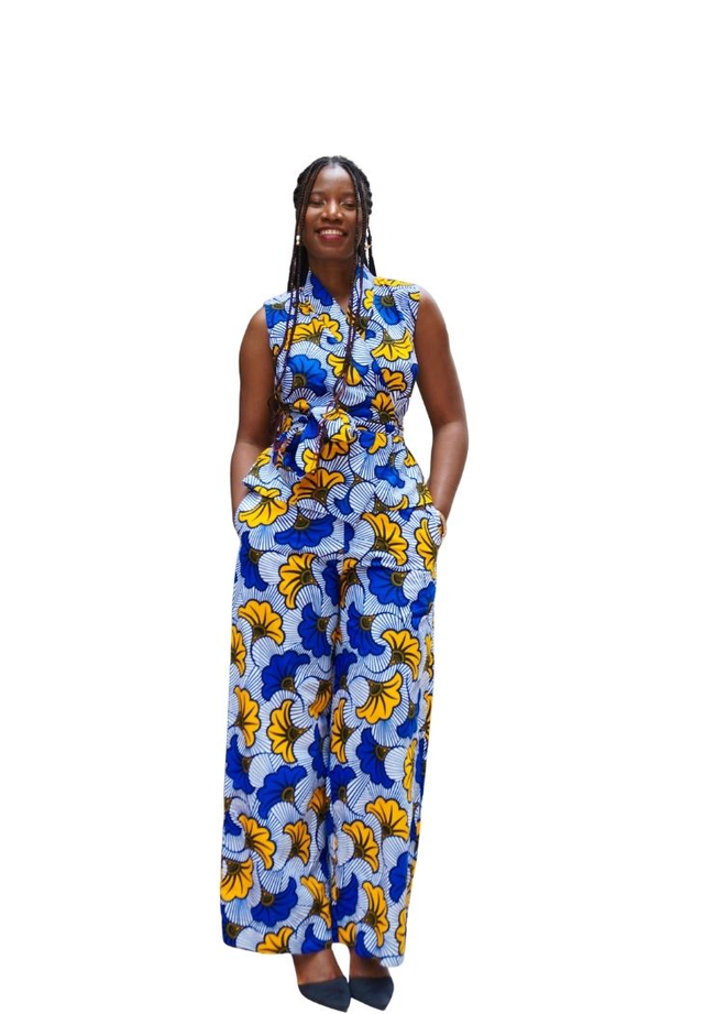 Pantalon large en wax  "Fleur de mariage" - bleu et jaune