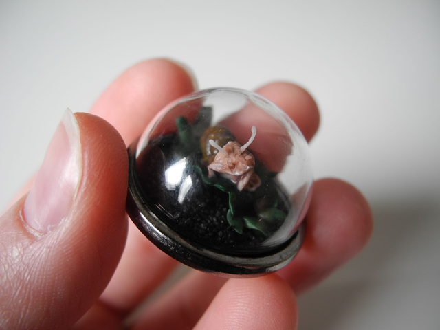 Resting Snail - OOAK Biosphere Stainless Steel Pendant - Clear glass dome with a delicate handmade Snail on a handsculpted leaf inside