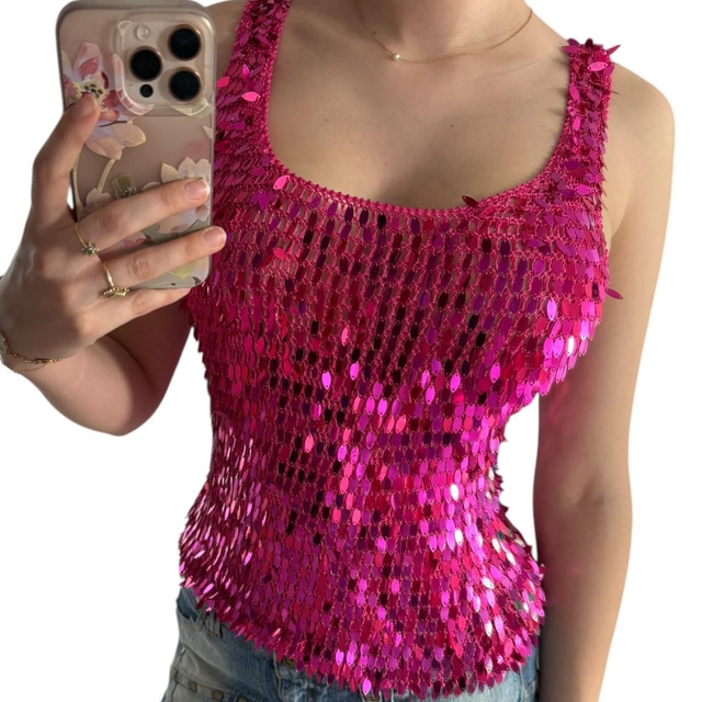y2k hot pink sequin crochet top 