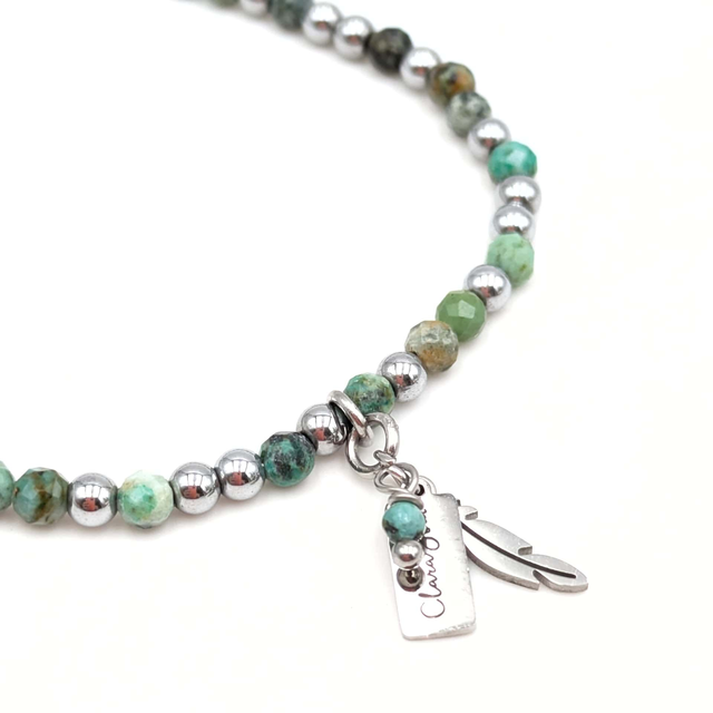 🍃 Bracelet Turquoise africaine &amp; Hématite argentée – Plume
