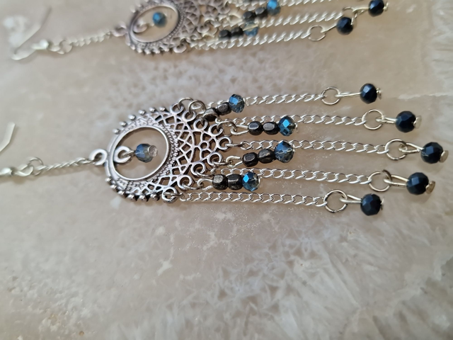 Boucles D'oreilles Chandelier Bohème Argenté Perles Cristal