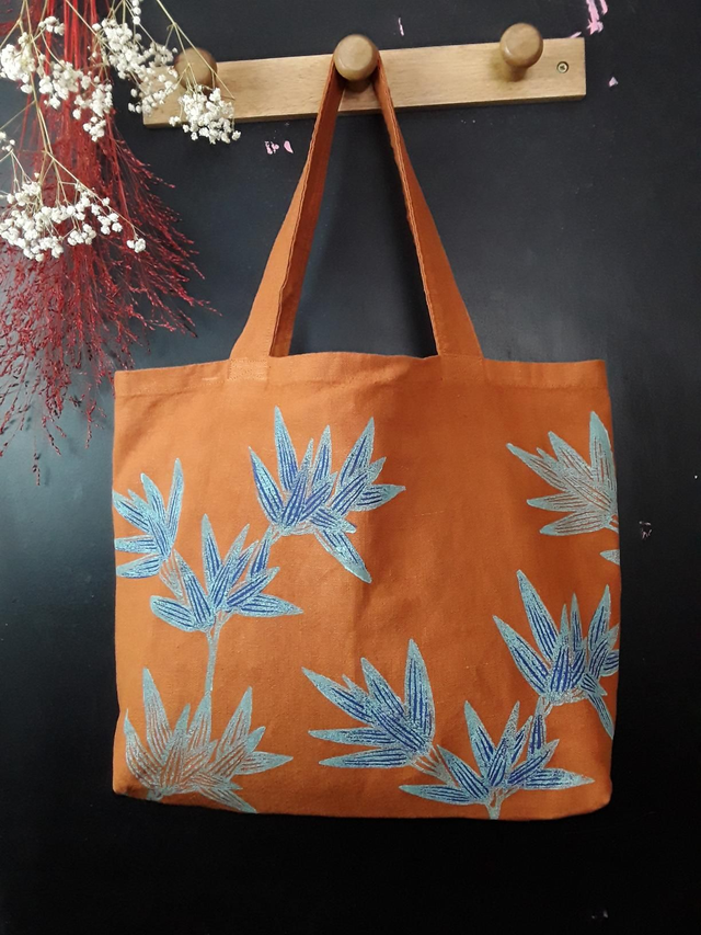 Cabas en lin ocre BAMBOO BRANCHES 