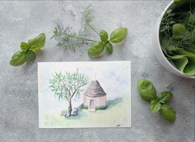 Tableau original à l'aquarelle Trullo, maison typique italienne des Pouilles, A5 environ