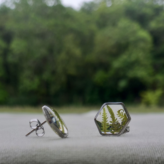Puces d'oreilles ∙ argenté ∙ hexagonales ⬡ Fougère