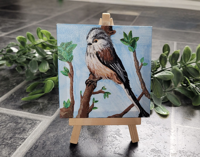 Original Mini Canvas Painting – Feathers and Fresh Leaves – Miniature Long-Tailed Tit Bird Painting