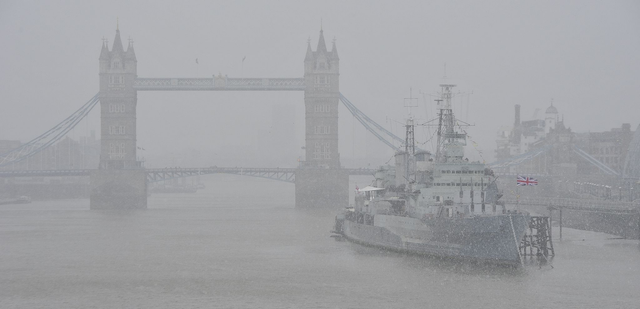 HMS Belfast in Snowstorm, Pool of London.     Colour Print  550mm x 265mm ( Print Area )