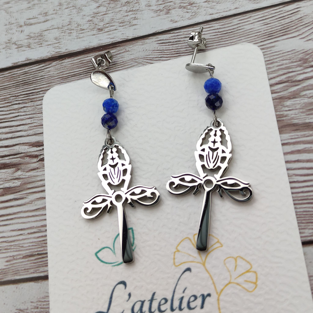 Boucles d&#039;oreilles Ankh et Scarabée en Lapis Lazuli