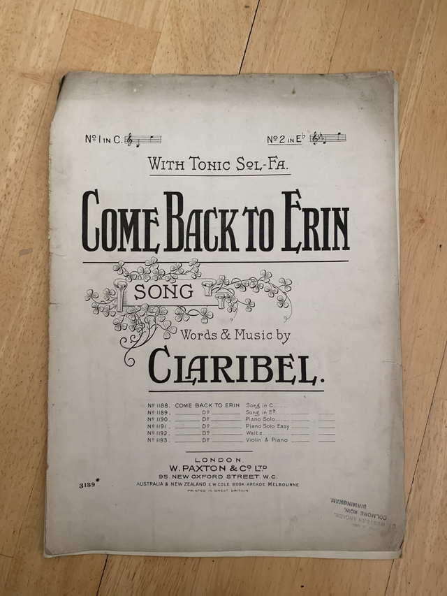 Come Back to Erin Antique Sheet Music 1890