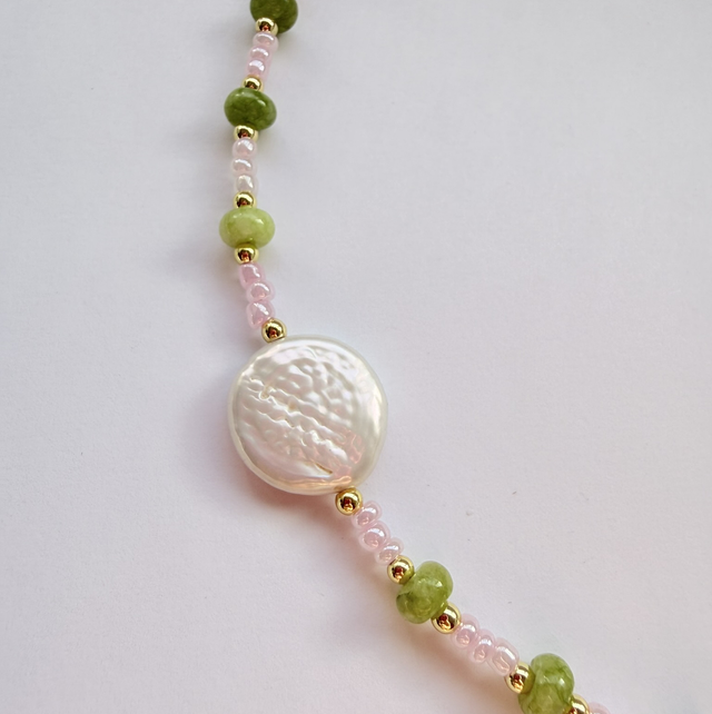Penelope - Pink, Green & Pearl Beaded Necklace