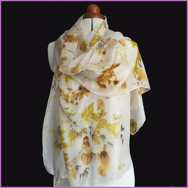 100% Silk Scarf - Eco printed with eucalyptus, bidens, pelargonium and wild grasses