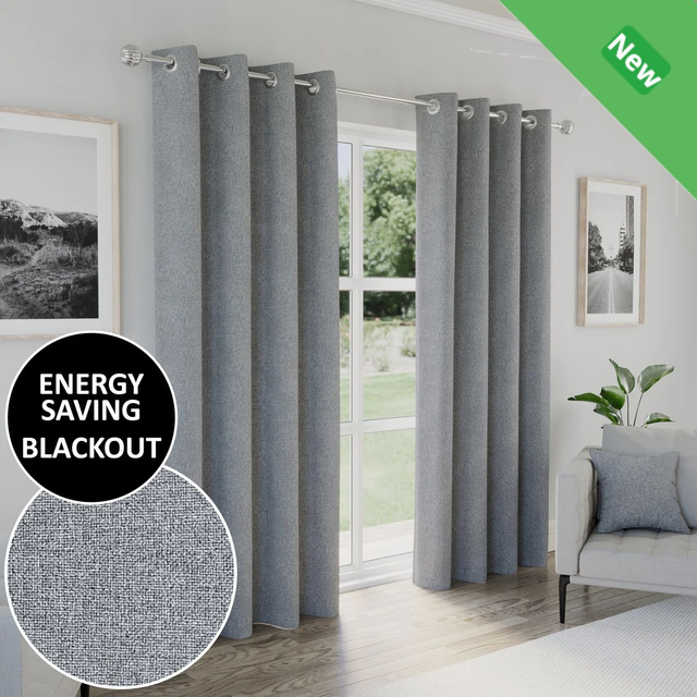 Enhanced Living Austin Grey 100% Blackout Textured Linen Look Readymade Eyelet Curtains
