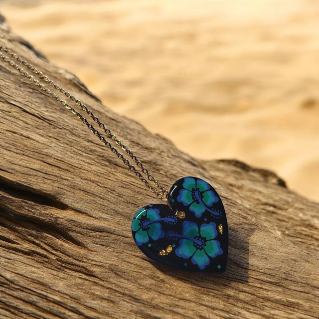 Collier dessiné Flora acier inoxydable bleu