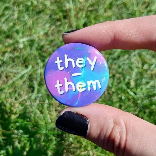 Pronoun Button Badge With Rainbow Holographic Effect