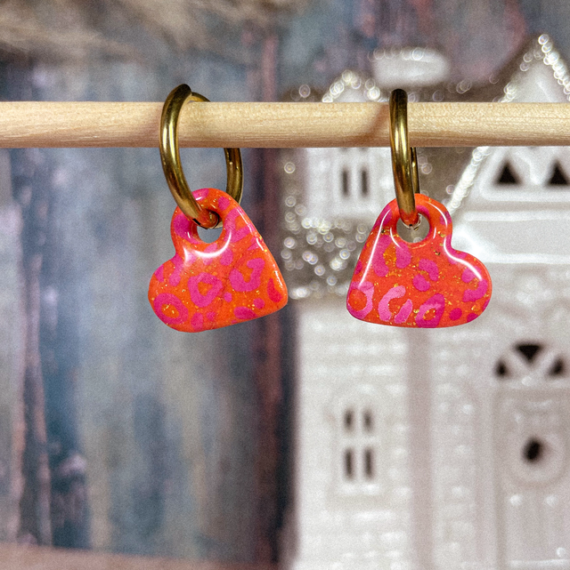 P'tits cœurs - Orange &amp; léopards rose fushia (sans créoles)