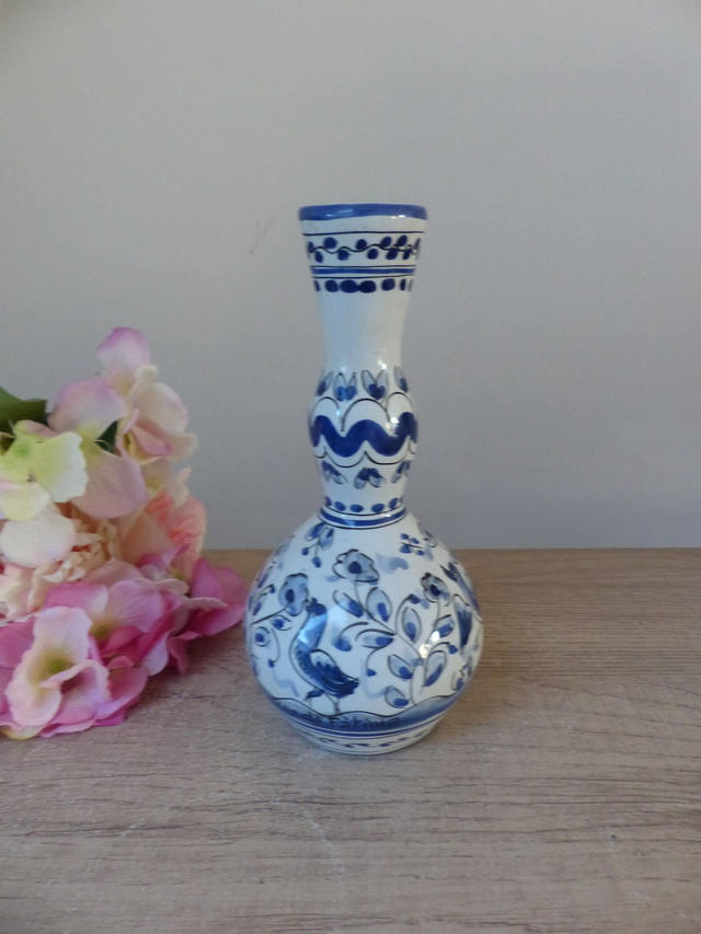 Vase en céramique Oiseau et Biche Bleus Peint Main Portugal, Vase en Céramique Animal, Vase Forme Coloquinte Décoration Intérieur Cadeau